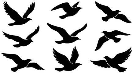 Fototapeta premium Multiple black silhouettes of flying seagulls depicted in a clean vector graphic design for creative projects