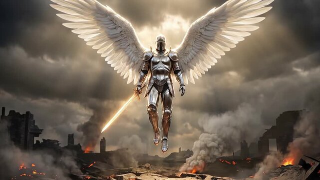 caucasian angelic guardian descending over ruined battlefield