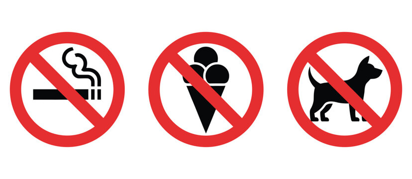 No smoking no eating and no dogs prohibition icons featuring red restricted circles, public facility warning notices, isolated safety symbols, vector stickers, vector, designs