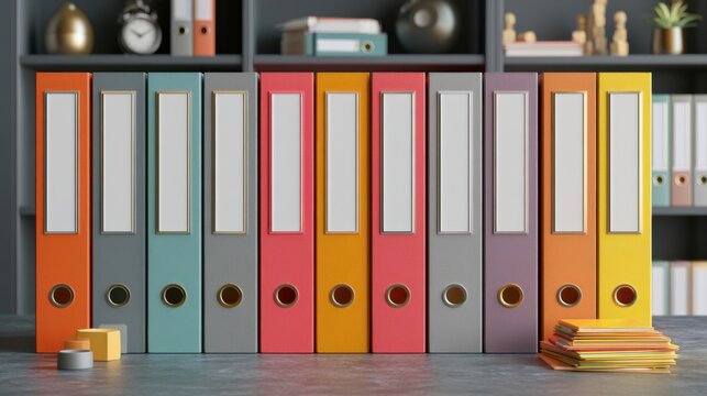 Colorful binders on shelf conveying organized office environment and archival workflow archivist sorting labeled spines for fast retrieval, neat desk accessories and subtle studio lighting creating
