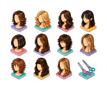 Haircut texture layers. Colorful isometric vector icons set of Haircut texture layers: layered haircut, feathered ends, soft waves, curtain bangs, textured bob, long layers, shag haircut, face-framing