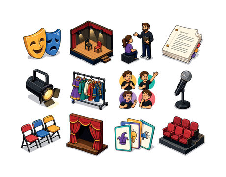 Drama workshops. Colorful isometric vector icons set of Drama workshops: theater masks, rehearsal stage, acting coach, script pages, spotlight, costume rack, expressive gestures, microphone, folding