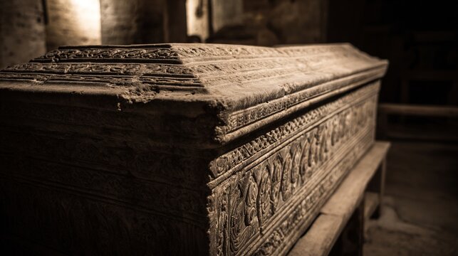 sarcophagus. Stone sarcophagus with intricate carvings in soft light, weathered texture detail. event programs, museum guides, designed for cultural heritage projects and event programs.