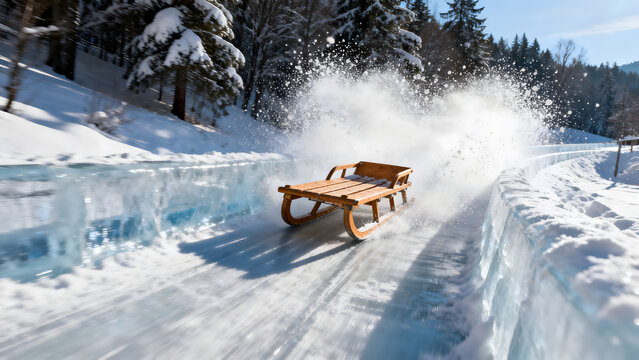 toboggan. A wooden toboggan speeds down an icy chute, spraying snow into the air. event key visuals, club posters, designed for fitness apps and gym onboarding, used by event planners.