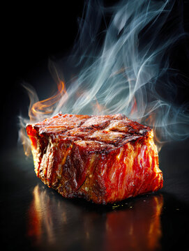 Juicy Grilled Steak with Grill Marks and Rising Steam. AI generativ.