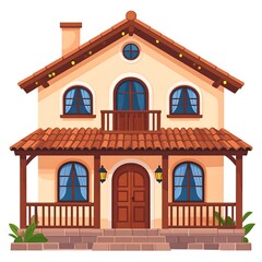 Obraz premium Traditional wooden house with red roof and blue windows.