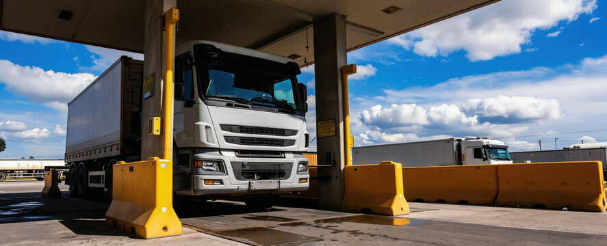 White semi truck drives onto industrial weigh station platform. Another truck waits in background under blue cloudy sky. Heavy vehicle scales used for cargo.