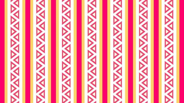 Seamless loop animation of abstract geometric triangles moving up and down on red stripes with solid orange and white accent layout background