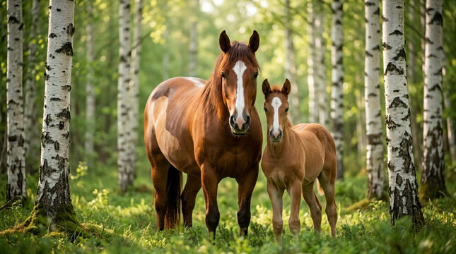 A brown horse and foal standing together in a forest surrounded by trees
