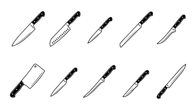 Chef kitchen knife set vector illustration. Professional culinary butcher cleaver icons isolated for restaurant menu design.