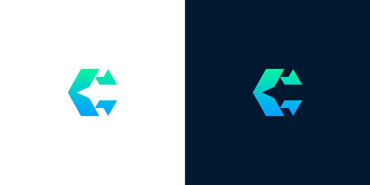 Abstract hexagonal logo in gradient blue and green colors on white and dark blue backgrounds