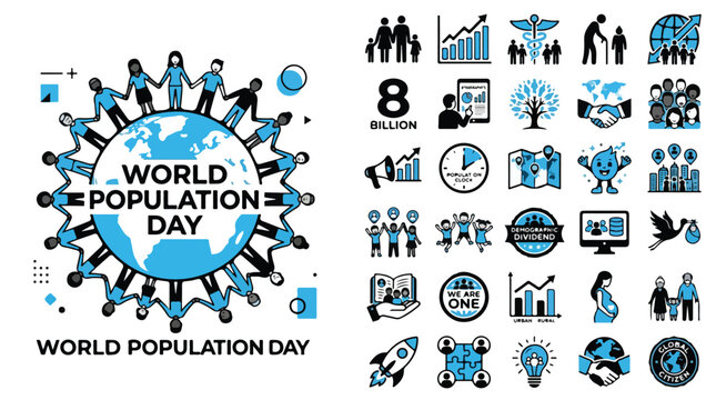 World Population Day icon set, global demographics and 8 billion people concept, flat line vector collection for social awareness and statistics
