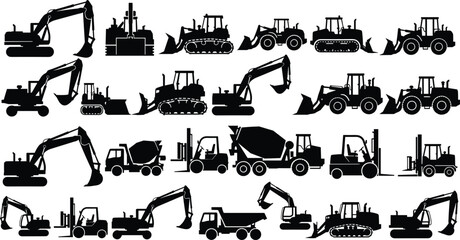 Construction Equipment and Heavy Machinery Silhouette Collection Featuring Excavators Bulldozers Loaders Forklifts and Dump Trucks © MdMamunur