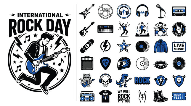 International Rock Day vector icon set, rock and roll music festival elements, vintage punk rock symbols and musician illustrations