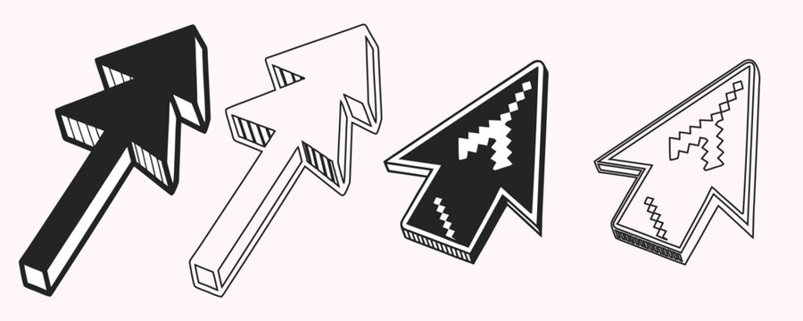 Isometric 3D computer cursor arrows vector set including pixelated retro style graphics 