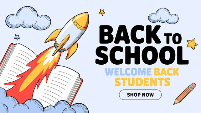 Back to school welcome banner with rocket launching from book and pencil
