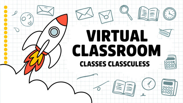 Virtual classroom online learning education concept with rocket and school icons