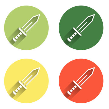 Set Sword icon isolated with long shadow background. Medieval weapon. Color circle button. Vector