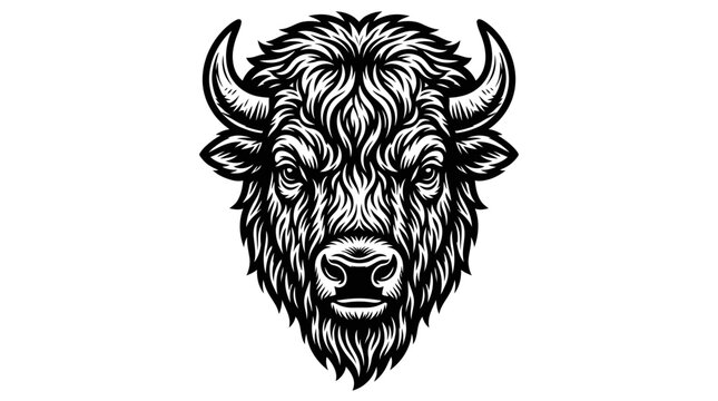 Symmetrical bison head mascot in woodcut engraving style.