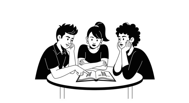 Diverse students studying together around a table, reading a book