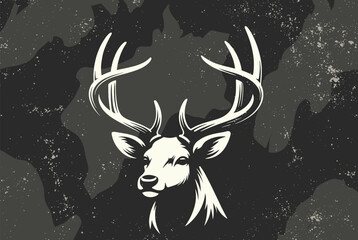 Fototapeta premium High contrast white silhouette of a deer head with large antlers on a dark abstract textured background for hunting or nature logos.