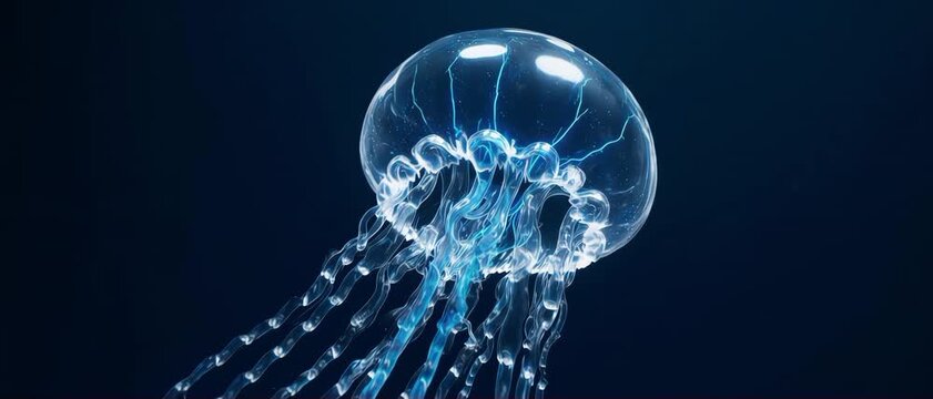Ethereal transparent fluid mimicking a jellyfish forming an abstract microscopic virus