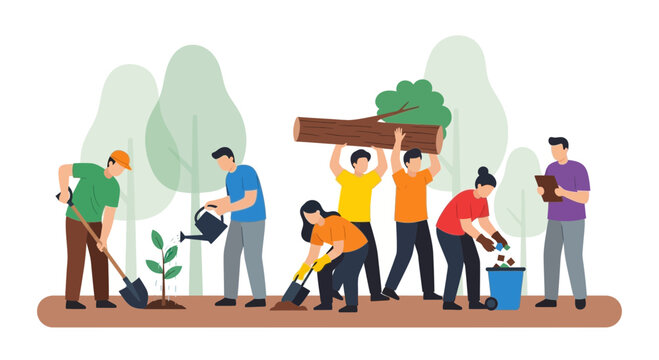 Community planting trees, environmental protection, teamwork, nature conservation, sustainable lifestyle.