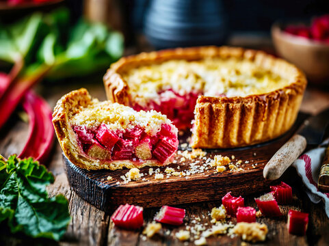 Homemade Rhubarb Pie with Golden Crust and Fresh Filling. AI generative.