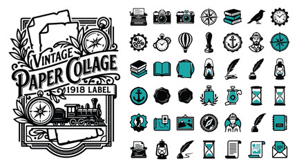 Vintage paper collage 1918 label, retro travel and adventure icons set, antique black and teal vector elements for scrapbooking © Template 