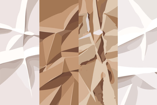 Set of four vertical textures showing white and brown crumpled paper surfaces with creases and folds for realistic tactile backgrounds.