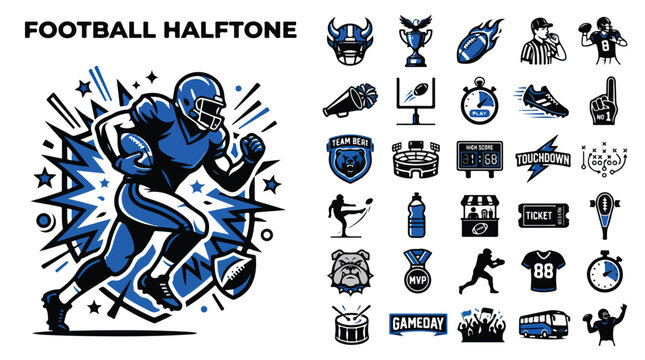 American football halftone vector icons, blue and black sports mascot set, 25 athletic elements for team branding and game day graphics