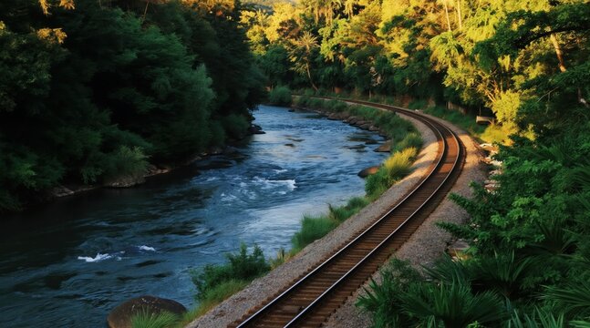 Train tracks curve along blue river flowing through lush green forest with warm sunlight. Nature landscape with water and trees, perfect for travel themes.