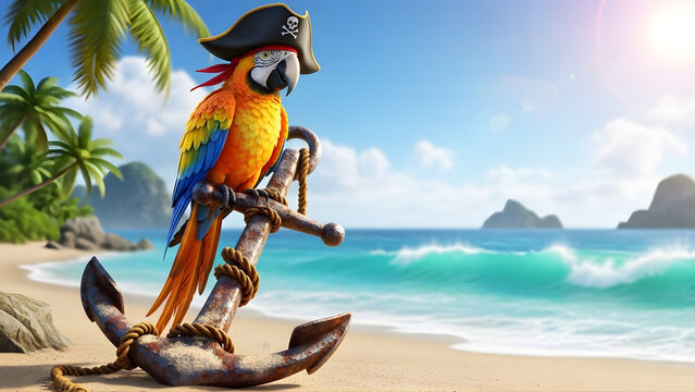 Vibrant parrot wearing pirate hat on rusty anchor at tropical beach with palm trees and ocean waves