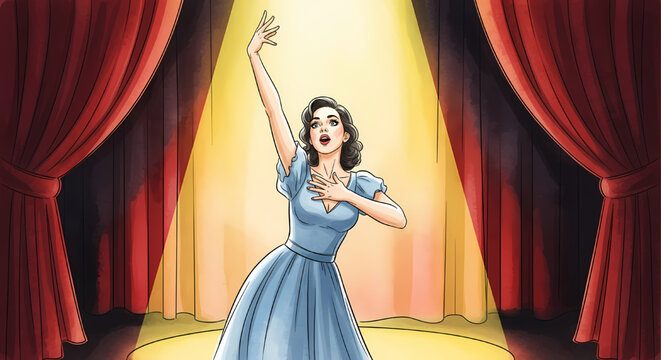 Retro illustration of a theater actress performing on stage