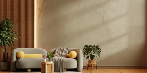 Empty beige wall mockup in warm cozy living room interior with modern grey sofa and green plants for copy space-3D rendering © Vanitjan