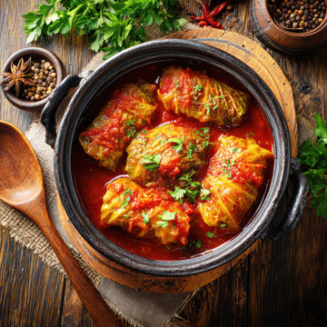 Traditional Stuffed Cabbage Rolls in Tomato Sauce Rustic Food Photography. AI generative.