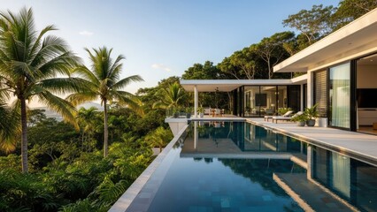 Fototapeta premium Modern infinity pool with view of lush tropical jungle.