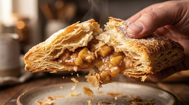 Hand breaking golden baked apple strudel with flaky pastry on white plate in cozy kitchen perfect for  National Apple Strudel Day