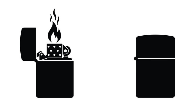 lighter silhouette with flame and closed lighter silhouette open black white background icon vector graphic design