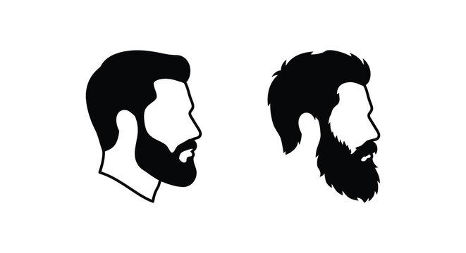 two male face silhouettes with different hairstyles and beards silhouette hairstyle beard profile contrast black white