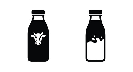 milk bottles with cow and splash silhouette bottle fresh dairy beverage icon black white graphic design © Rakib