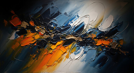 Fototapeta premium Modern Abstract Oil Painting Background with Thick Impasto Texture featuring Vibrant Blue and Orange Brushstrokes Metallic Gold Leaf Accents and Artistic Expression