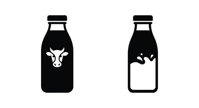 milk bottles with cow and splash silhouette bottle fresh dairy beverage icon black white graphic design