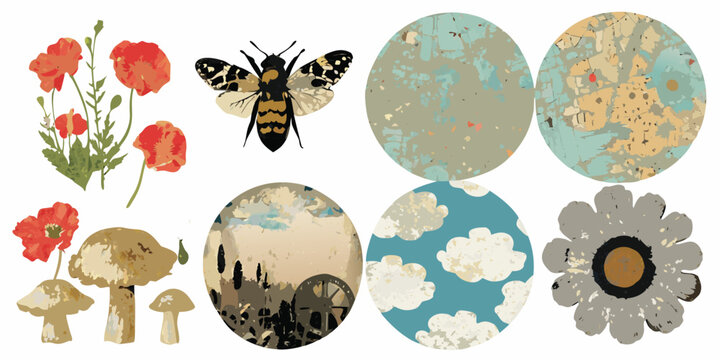 vintage nature collage with flowers mushrooms butterfly and eggs