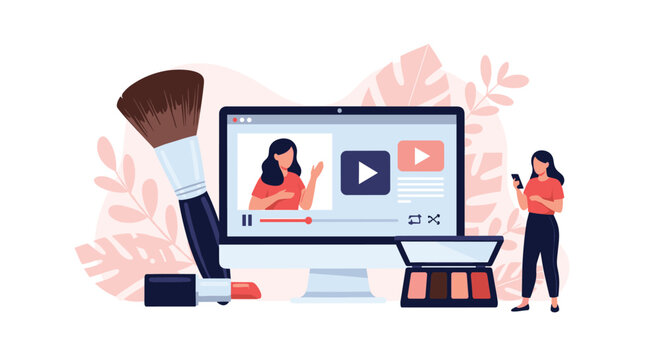 Beauty influencer recording makeup tutorial video on computer screen with cosmetic products and brushes on her desk area.