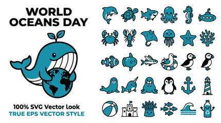 World Oceans Day icon set, cute sea animal vector collection, blue marine life illustrations for environmental conservation and ecology © Template 