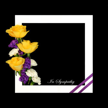 In sympathy card with rose flowers for memorial tribute on black background white frame border with text. Order of service, funeral card, invitation with text.