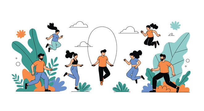 Cheerful men and women enjoying a group workout session by jumping rope outdoors surrounded by oversized green plants and fluffy white clouds.