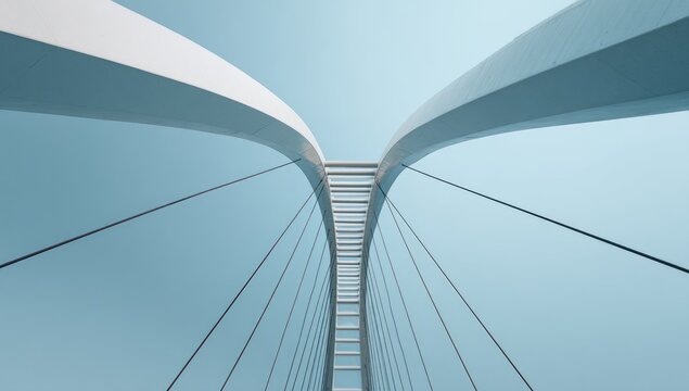 Modern architectural bridge curves skyward, suspended by sleek cables