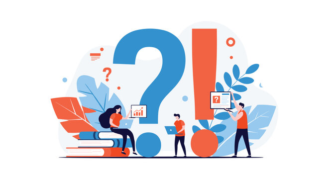 Small team of professionals working together around massive question and exclamation marks to solve problems and find answers to difficult tasks.